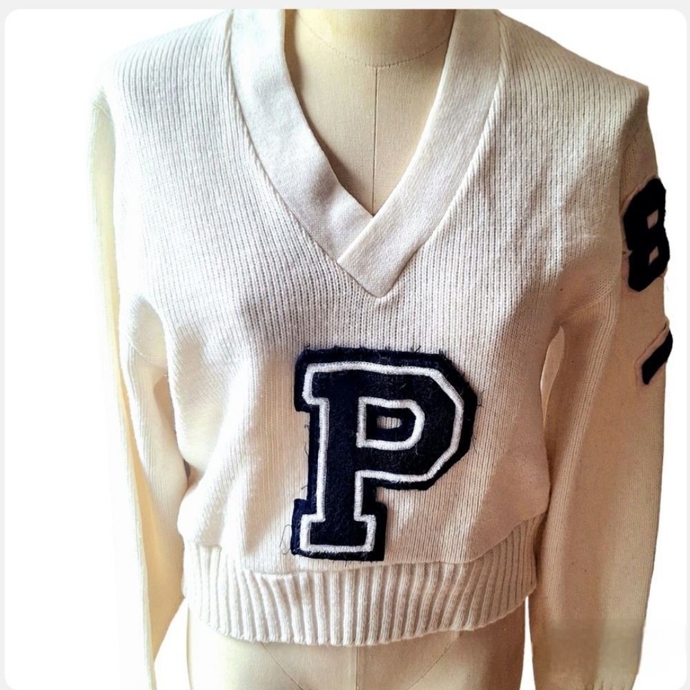 Vintage Varsity Letterman White Holiday Sweater Unisex Cropped Sweater Medium
